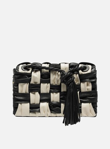 Bolsa Tiracolo Preta Couro Grande Tressê Bicolor