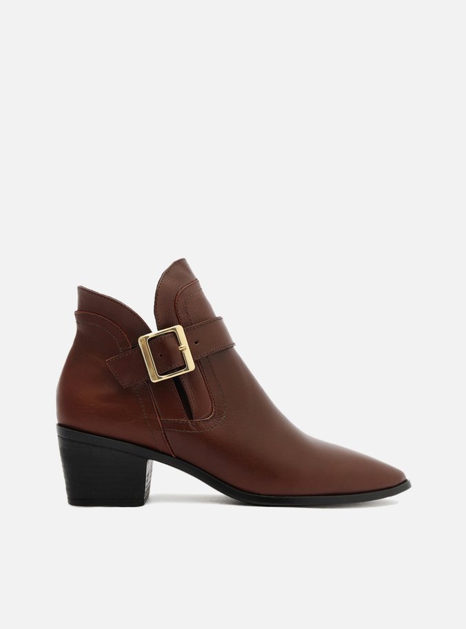Bota Marrom Escuro Couro Cano Curto Bico Fino Fivela