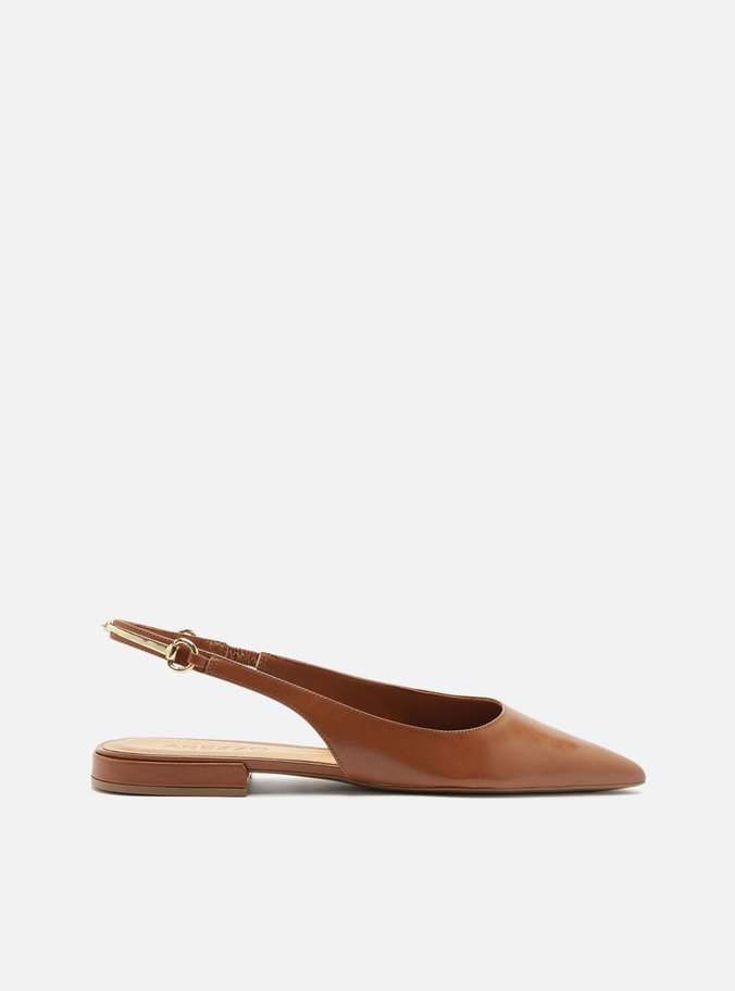 Sapatilha Marrom Couro Bico Fino Slingback Metais