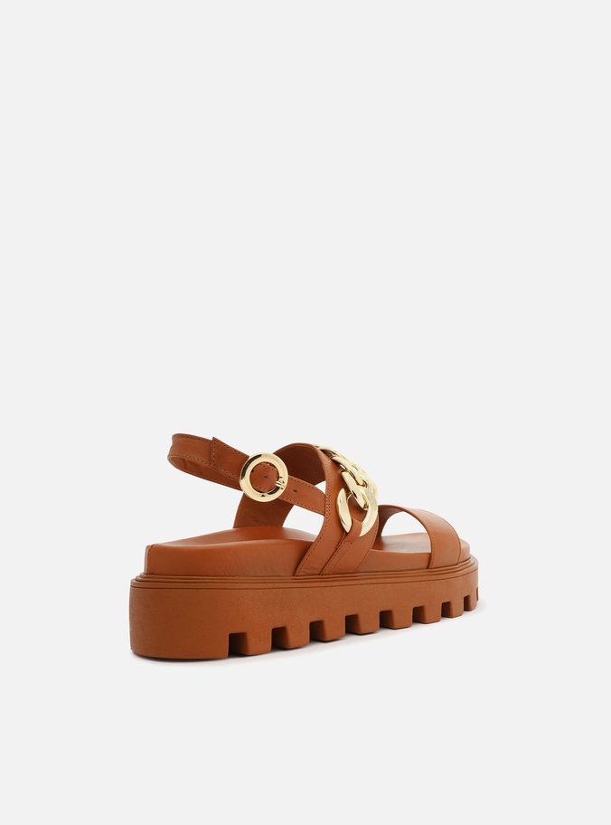 Sandália Marrom Couro Flatform Tratorada Corrente