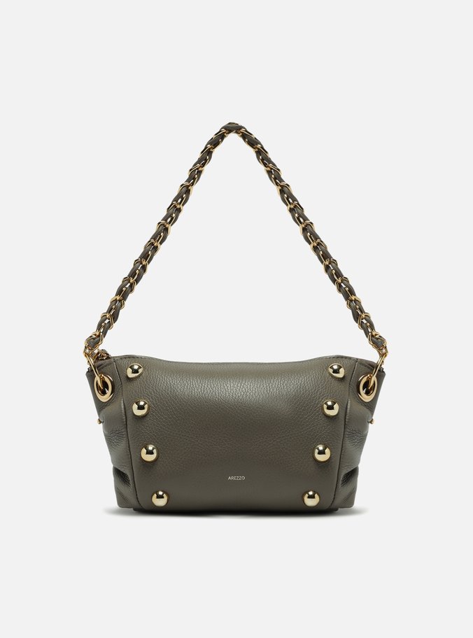 Bolsa Tiracolo Cinza Couro Média Rebites Corrente