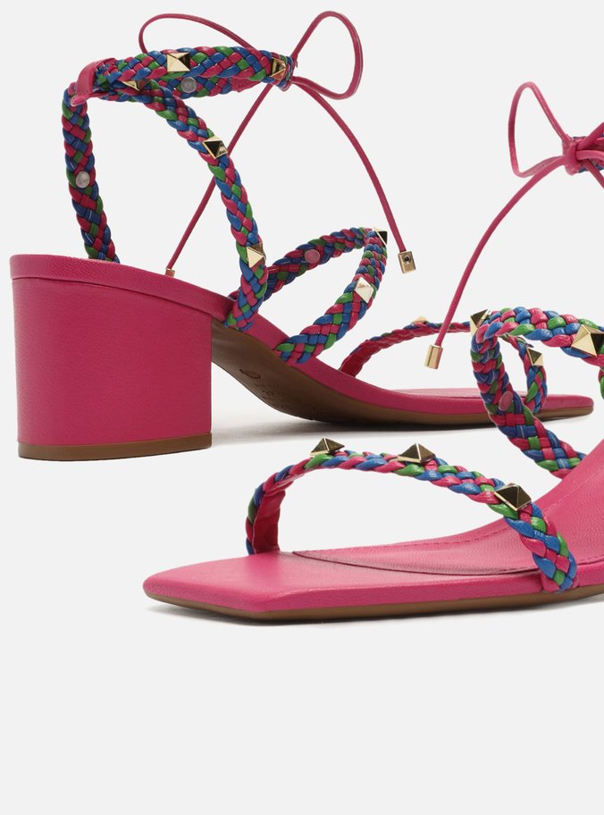 Sandália Rosa Salto Bloco Trançada Spikes