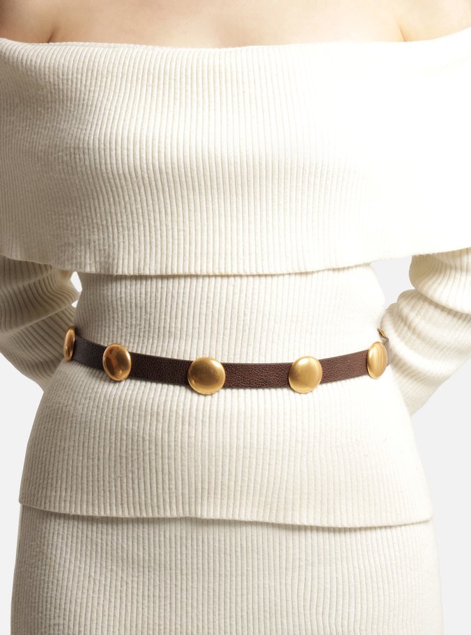 Cinto Marrom Couro Worn Fino Metais Dourados