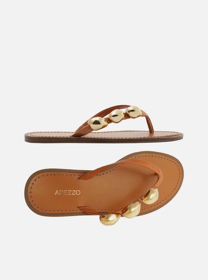 Rasteira Marrom Couro Flip Flop Metais