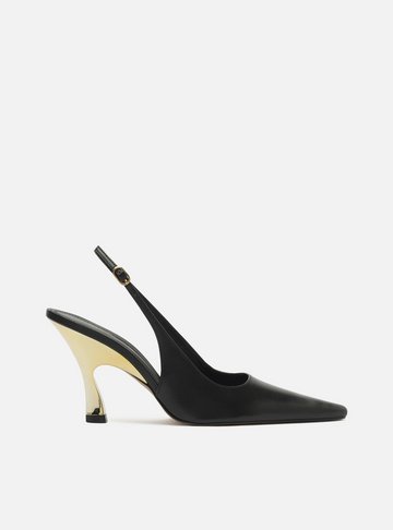 Scarpin Preto Couro Salto Alto Slingback