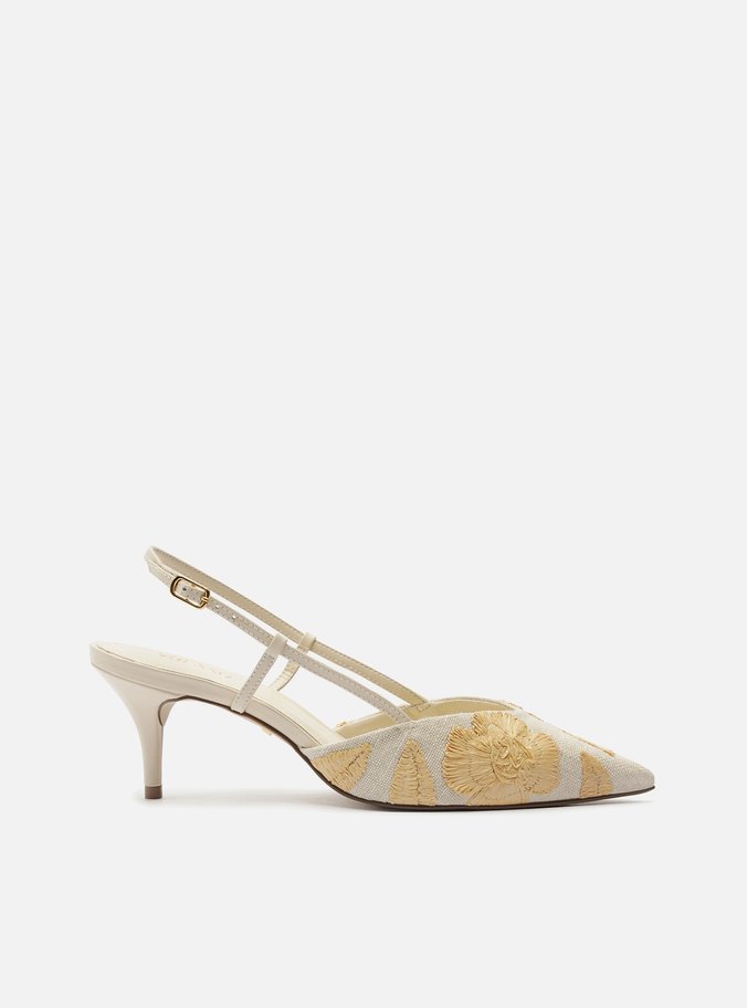 Scarpin Branco Salto Kitten Slingback Bordado