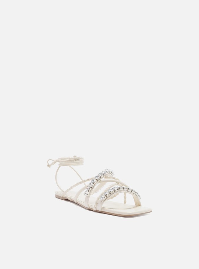 Sandália Off-White Salto Rasteiro Tiras Pedrarias