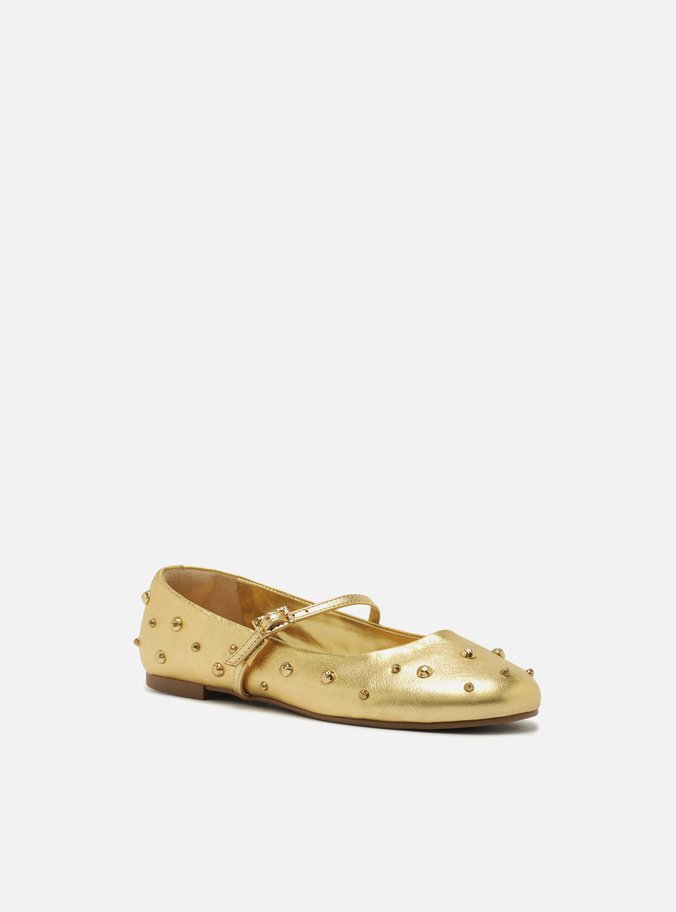 Sapatilha Dourada Couro Rebites Fivela