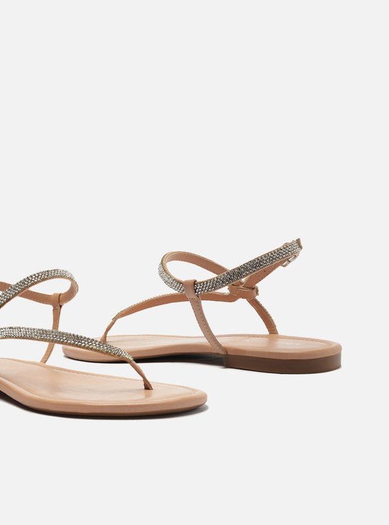 Sandália Rasteira Nude Tira Lateral Strass
