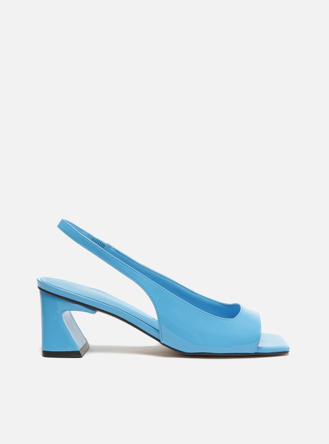 Sandália Azul Verniz Salto Bloco Slingback