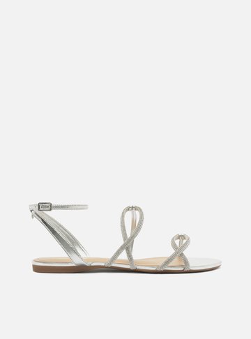 Sandália Rasteira Prata Strass Tiras Curva