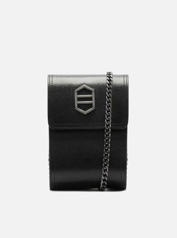 Mini Bag Preta Couro Porta-Celular Tag Metal