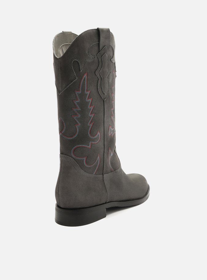 Bota Cinza Acamurçada Cano Longo Bordado Western