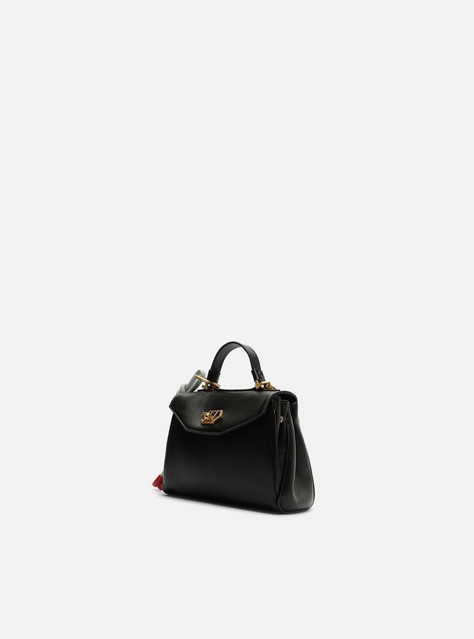 Bolsa Satchel Preta Couro Pequena Bag Charm Nó