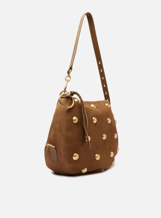 Bolsa Tiracolo Marrom Couro Acamurçado Grande Tachas