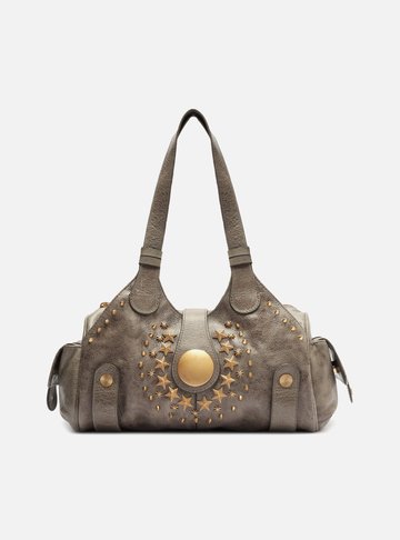 Bolsa Bowling Cinza Couro Grande Metais Folk