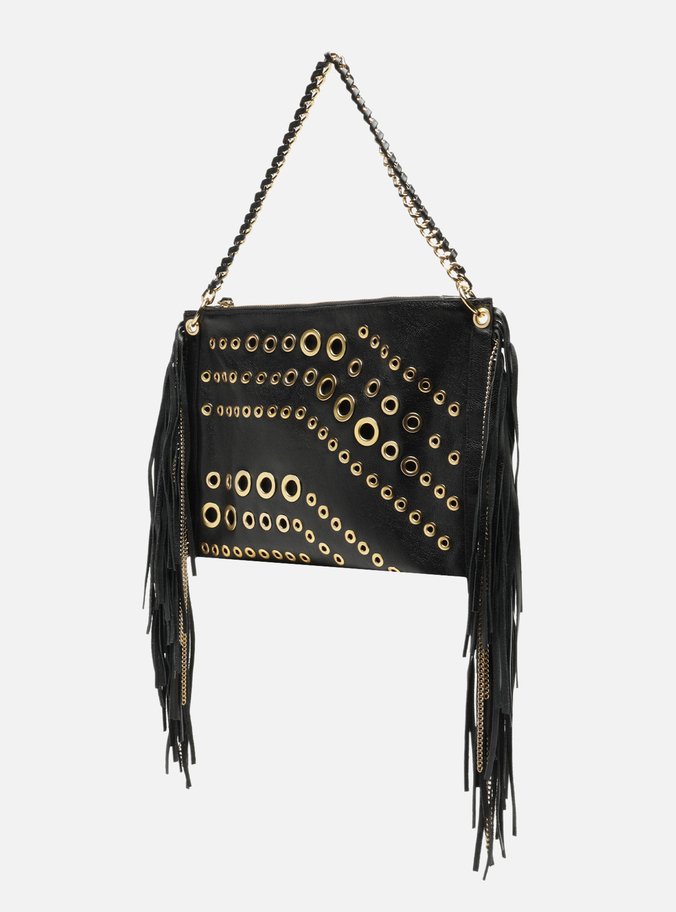 Bolsa Tiracolo Preta Couro Grande Franjas
