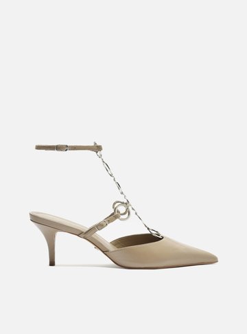 Scarpin Cinza Couro Salto Fino Metais TIG