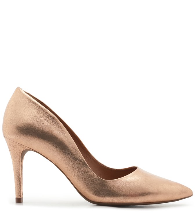 Scarpin Dourado Couro Salto Médio Fino Rosé