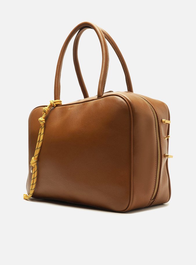 Bolsa Tote Marrom Couro Grande Charm Laranja