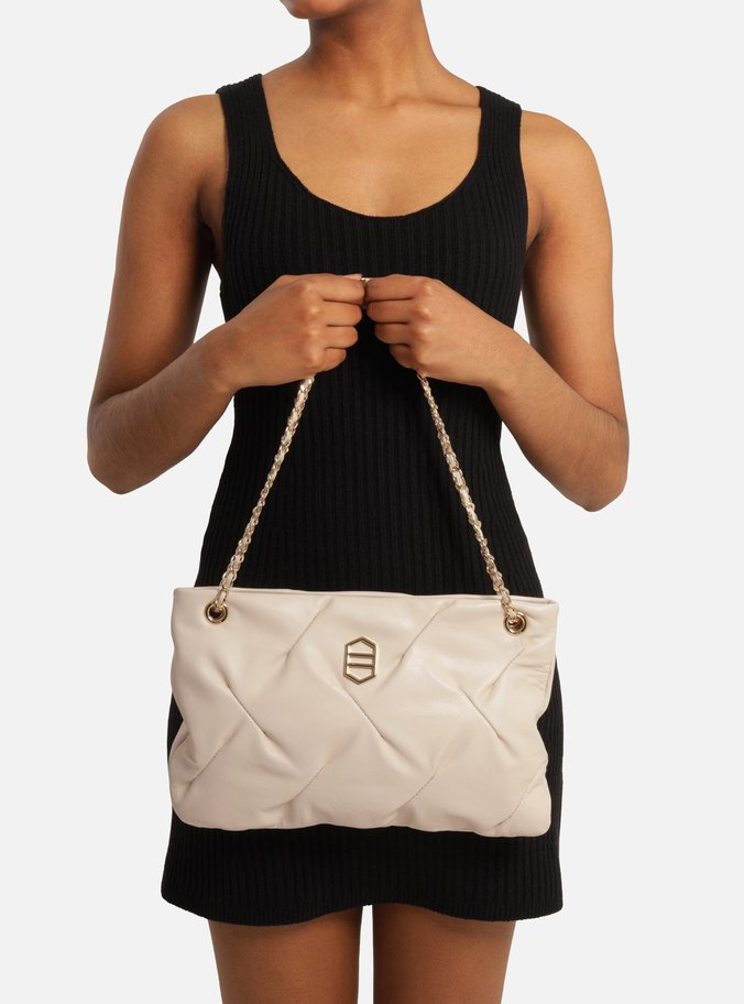 Bolsa Tiracolo Off White Couro Média Frisos