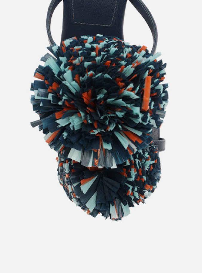 Tamanco Azul Salto Fino Bico Quadrado Pompom