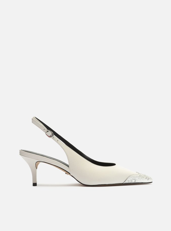 Scarpin Branco Couro Bico Fino Slingback Biqueira
