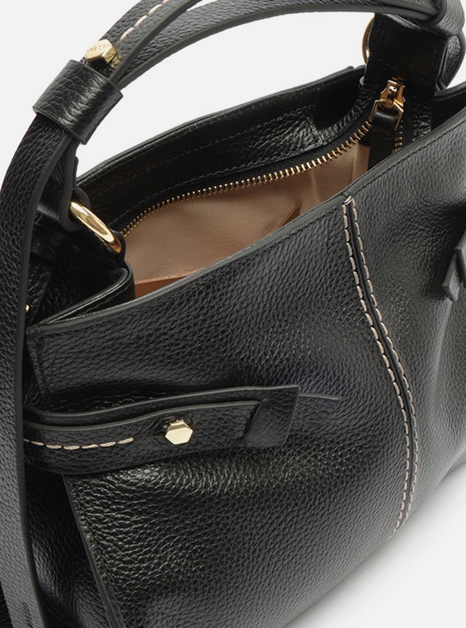 Bolsa Tote Preta Couro Média Tiras Laterais