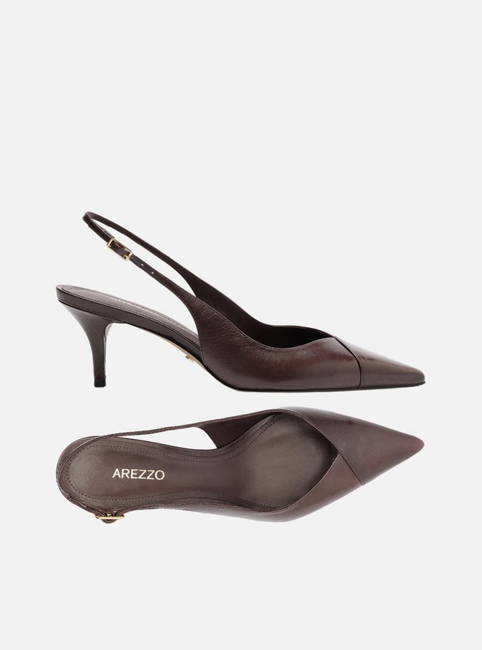 Scarpin Marrom Couro Salto Kitten Slingback