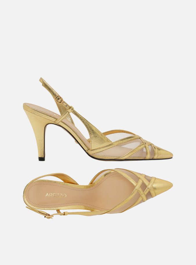 Scarpin Dourado Couro Tela Salto Médio Fivela