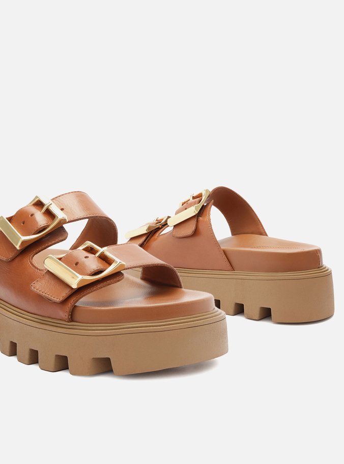 Sandália Marrom Couro Flatform Tratorada