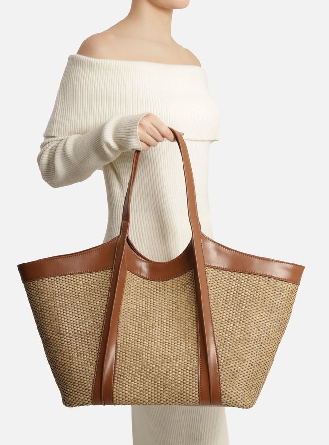 Bolsa Shopping Bege Ráfia Grande Marrom