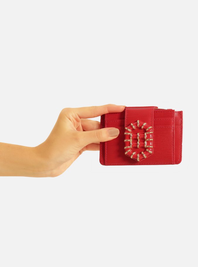 Porta-Cartões Vermelho Couro Metal Resinado