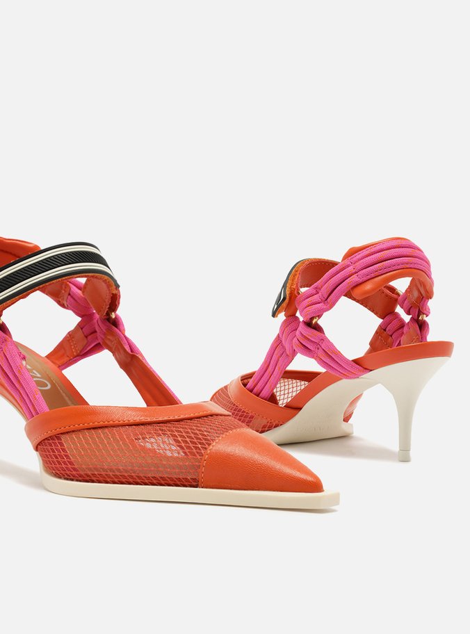 Scarpin Laranja Tela Salto Baixo Slingback Cordão
