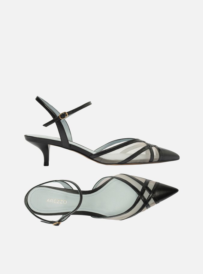 Scarpin Preto Couro Tela Salto Baixo Fivela