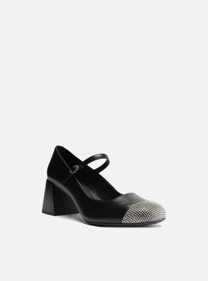 Sapato Boneca Preto Couro Salto Bloco Strass