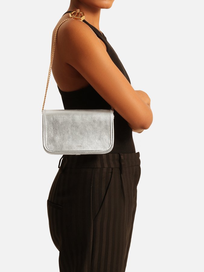 Bolsa Tiracolo Prata Couro Pequena Corrente