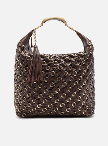 Bolsa Hobo Marrom Couro Tressê Metais Grande