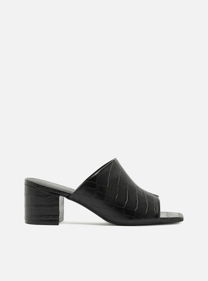 Mule Preta Croco Salto Bloco