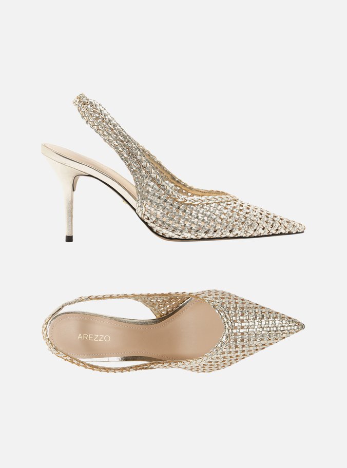 Scarpin Dourado Tressê Bico Fino Slingback