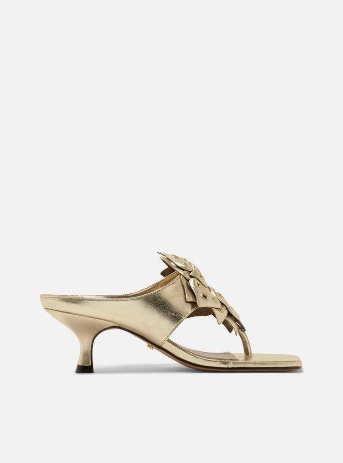 Sandália Dourado Couro Salto Kitten Tira Flor