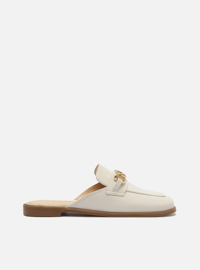 Mule Branco Couro Bico Redondo Metal