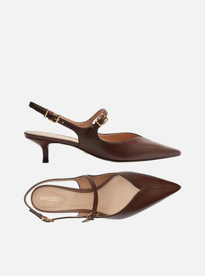 Scarpin Marrom Couro Bico Fino Slingback