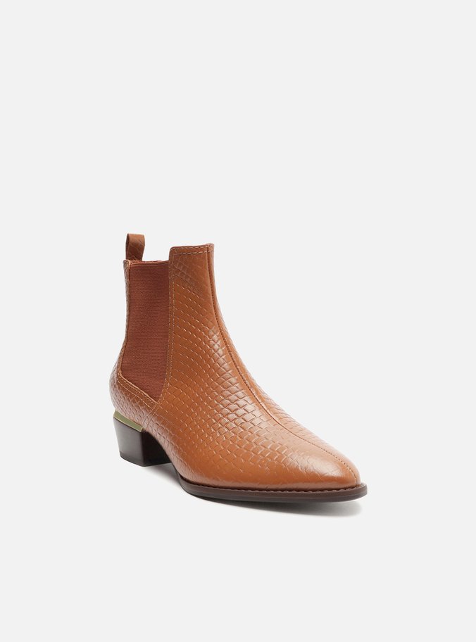 Bota Marrom Couro Skin Cano Curto Salto Baixo