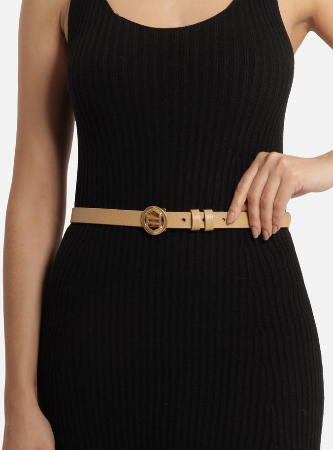 Cinto Bege Couro Fino Fivela Redonda Vazada