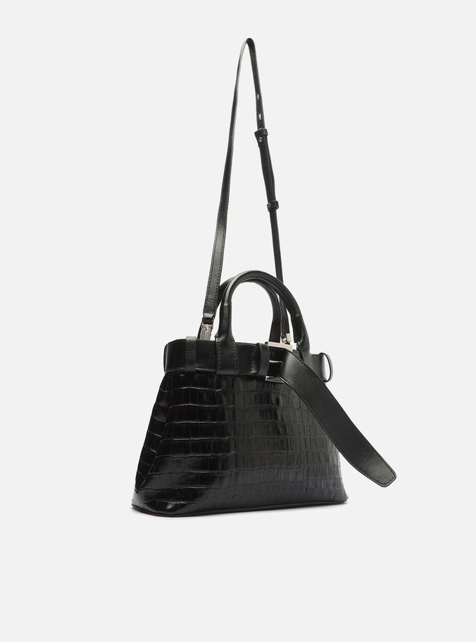 Bolsa Tote Preta Couro Croco Média Fivela