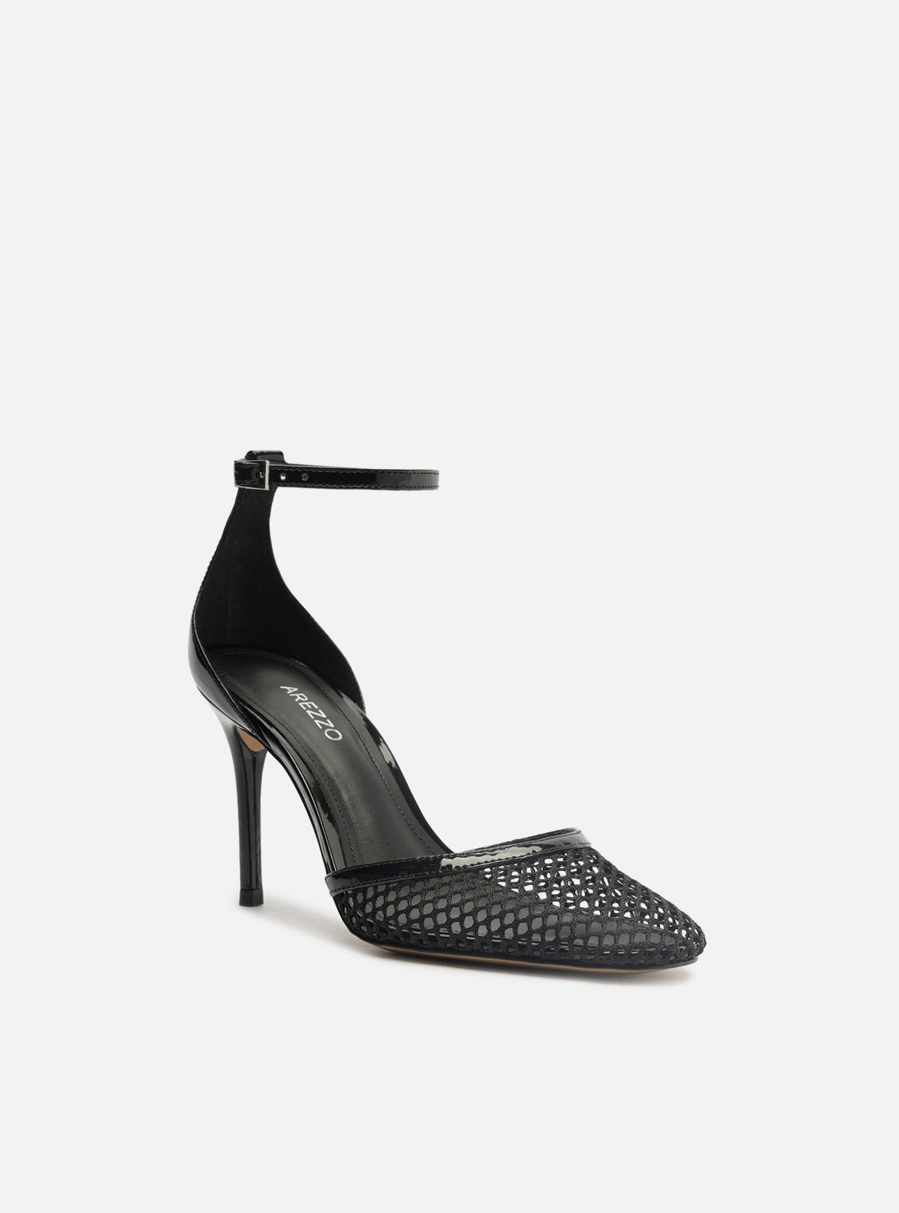 Scarpin Preto Salto Alto Fino Aberto Tela — foto 2