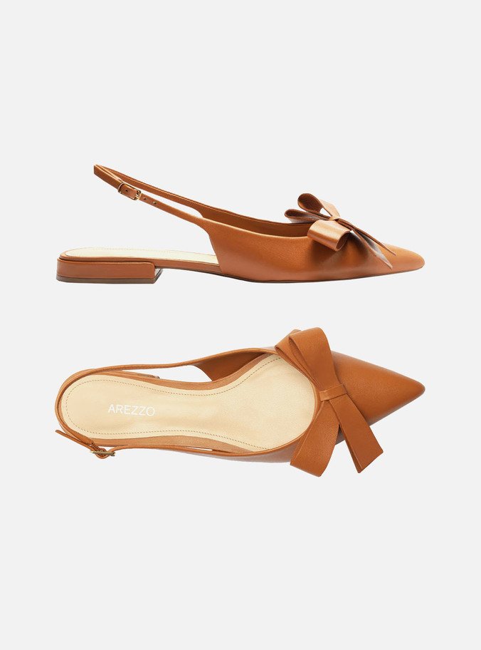 Sapatilha Marrom Couro Slingback Laço Lateral