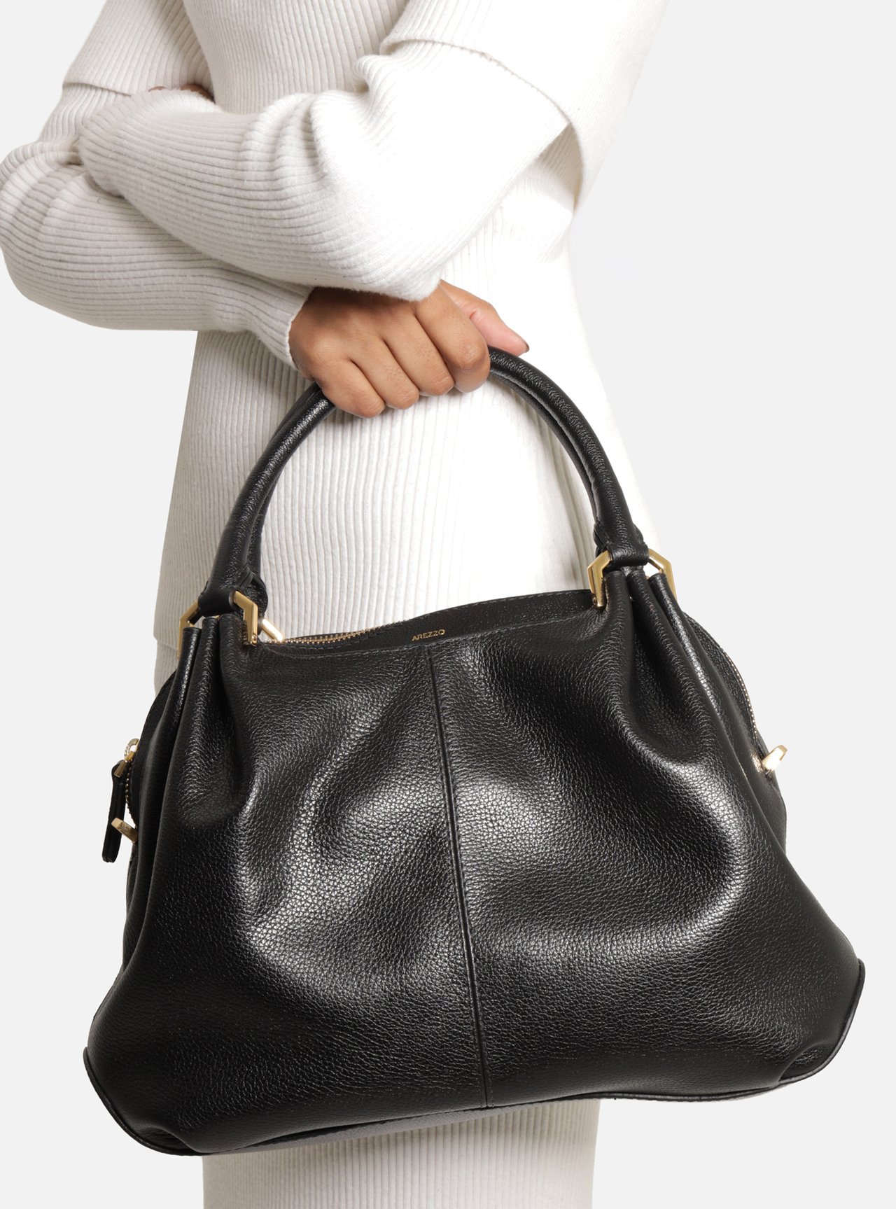 Bolsa Tote Preta Couro Grande Franzida — foto 6