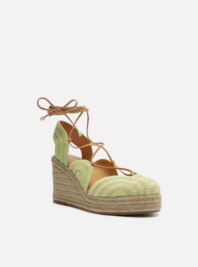 Espadrille Verde Bordada Salto Alto Amarração